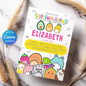 May include: A colorful invitation for a Squishmallows themed birthday party for a child named Elizabeth turning seven. The invitation features a variety of Squishmallows characters, including an avocado, an orange, a pineapple, a strawberry, a seal, a frog, a cat, a leopard, a watermelon, and a cow. The invitation includes the date, time, and location of the party, as well as the RSVP information.