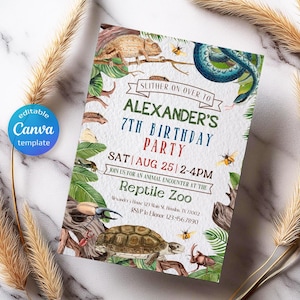 May include: A green, blue and yellow invitation for a 7th birthday party. The invitation features a snake, a chameleon, a turtle and a beetle. The text on the invitation reads "Slither on over to Alexander's 7th Birthday Party Sat | Aug 25 | 2-4pm Join us for an animal encounter at the Reptile Zoo Meander's House 123 Main St. Houston, TX 77002 RSVP to Elionor 123-456-7890".