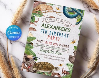 May include: A green, blue, and yellow invitation for a 7th birthday party. The invitation features a snake, a chameleon, a turtle, and a beetle. The text on the invitation reads "Slither on over to Alexander's 7th Birthday Party Sat | Aug 25 | 2-4pm Join us for an animal encounter at the Reptile Zoo Meander's House 123 Main St. Houston, TX 77002 RSVP to Elionor 123-456-7890".