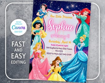 Princess Birthday invitation, Girl editable invite template, castle printable invitation, once upon a time royal party, instant download