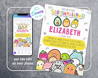 Squishmallow Birthday Invitation, Girl Party Invite (Canva Editable)