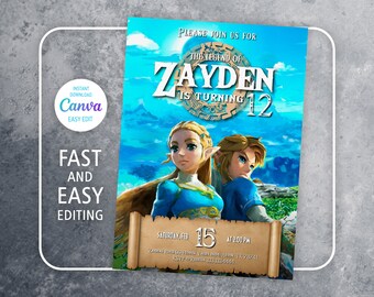 Video gamer invite, Legend of Zelda Birthday Invitation, Digital Download, Zelda Tears Of The Kingdom, Birthday Party, Game on Invitation