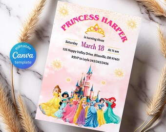 Princess Birthday invitation, Girl editable invite template, castle printable invitation, once upon a time royal party, instant download