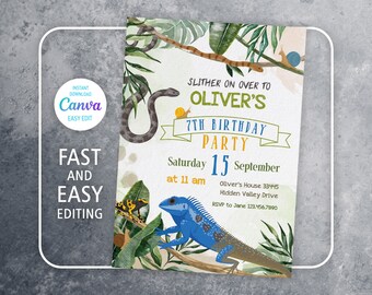 May include: A jungle-themed birthday party invitation with a blue lizard, a snake, and a snail. The invitation says "Slither on over to Oliver's 7th Birthday Party" and includes the date, time, and location of the party.