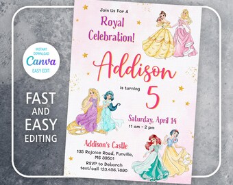 Princess Birthday invitation, Girl editable invite template, castle printable invitation, once upon a time royal party, instant download