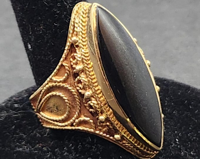 Featured listing image: 14K Gold Victorian Filigree Black Onyx Cocktail Ring | Antique Statement Jewelry for Men & Women | Size 7.5