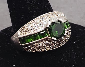 Diopside & CZ Cluster Ring | Sterling Silver Green and White Gemstone Ring | Size 7 Statement Ring | 925 Jewelry