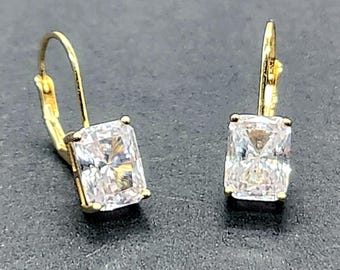 Sterling Silver Gold-Plated Leverback Earrings | Emerald Cut CZ Stones (0.25 Inch)