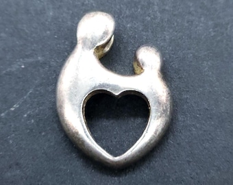 Vintage Sterling Silver Pendant | Heart Shaped Janel Russell Mother and Child | 925 Marked, 1 Inch, Necklace Ready