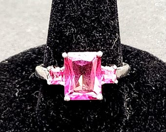 3 Carat Pink Emerald-Cut Gemstone Ring | Size 6 Sterling Silver | Natural Topaz Sapphire Tourmaline Jewelry