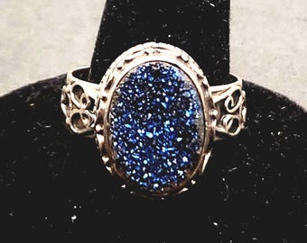Vintage Sterling Silver Ring | Large Oval Blue Druzy Quartz | Size 8 Filigree Design Unique Jewelry Gift