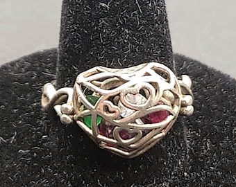 Heart Ring Lock & Key | Sterling Silver Filigree Gemstone Cage Ring | Multicolor Gems | Size 7 Love Jewelry Gift | Encased In Love