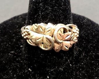 Black Hills Gold Ring | 12K Multi-Tone Grape Leaf Dainty Sterling Silver Band | Size 7.5 Nature Inspired Jewelry Gift