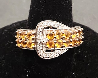 Vintage Sterling Silver Buckle Ring | Yellow Citrine & White Topaz | Size 7 Jewelry by STS 925