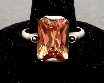 Sterling Silver Ring | 6 Carat Emerald Cut Brown Gemstone | Unisex Size 9 Solitaire Unique Design Jewelry