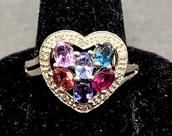 Multi-Gemstone Heart Ring | 925 Silver Size 6 | Colorful Designer Jewelry for Women | Statement Anniversary Gift