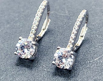 Sterling Silver Leverback Earrings | 0.25" Round Cubic Zirconia Studs (925 Silver)