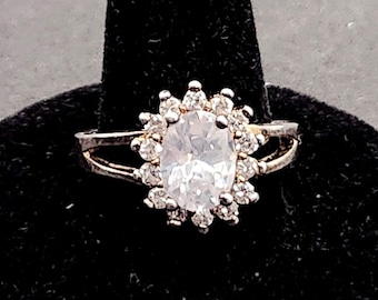 Sterling Silver Ring | 6.25ct White Sapphire with CZ Halo | Size 7.5 Engagement or Fashion Jewelry