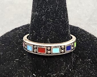 Sterling Silver Inlay Gemstone Ring | Stackable Band 7.5 | Turquoise Lapis Coral Rhodonite Sodalite | 925 Marked