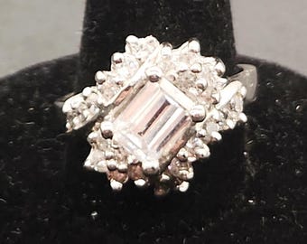 Emerald Cut Moissanite Ring | Round Cluster Halo Engagement Ring | Sterling Silver Size 8 Unique Designer Ring