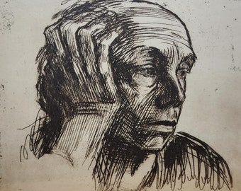 Kathe Kollwitz 1921 Self-Portrait Etching | Original Restrike c.1948 | Klipstein 155, Von Knesebeck 171 | Framed German Art