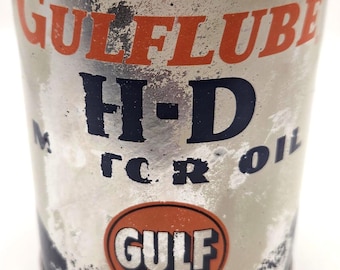 Rare GULF Oil Gulflube H-D Motor Oil 1 Quart Can | 1940s Vintage Gas & Oil Advertising Collectible