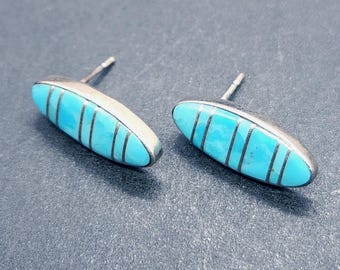 Vintage Turquoise Sterling Silver Stud Earrings | Southwestern Modernist Design (3/4" Oval)