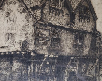 Vintage Edgar Tavern Etching: Chester England, William Monk Original Art