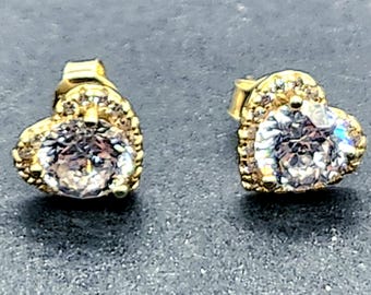 Sterling Silver Heart Studs | CZ Halo, 14K Gold Plated (N 925 CN)