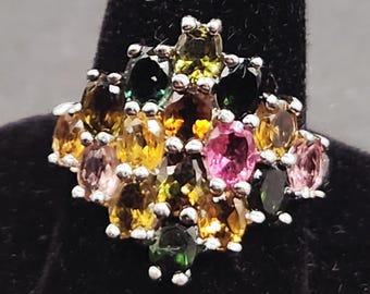 Vintage Sterling Silver Tourmaline Ring | Diamond Shape Cluster | Size 5 Gemstone Ring | Estate Jewelry Gift