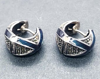 Vintage Art Deco Sterling Silver Hoop Earrings | Black Onyx, Marcasite, Signed JJ Designer Jewelry