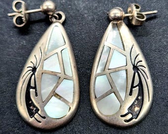Vintage Sterling Silver Kokopelli Earrings | Mother of Pearl Dangle Jewelry (Teme Signed)