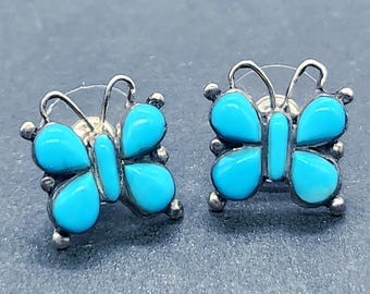 Vintage Sterling Silver Turquoise Butterfly Studs | 925 Gemstone Earrings (1/2 Inch)