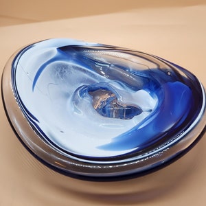 Vintage Handblown Glass Bowl Blue and White Swirl Folded Bowl Hand Blown Murano Art Glass Italian Decorative Bowl Heavy 8.5&quot; Diameter
