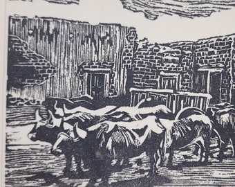 Anna Elizabeth Keener: Oxen and Carts Block Print on Onion Skin Paper