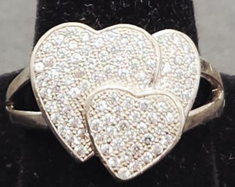 Sterling Silver Triple Heart CZ Cluster Ring | Love Promise Ring | Cubic Zirconia Stackable Ring | Gift for Her