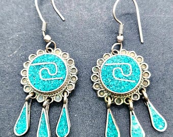 Vintage Sterling Silver Turquoise Dangle Earrings | 1950s Mexico Modernist Jewelry