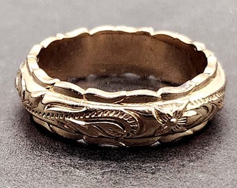 Floral Engraved Wedding Band | Gold Over Sterling Silver Size 12 | Vintage Style Ring for Men or Women