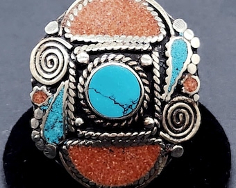 Tibetan Sterling Silver Ring | Crushed Coral Turquoise | Boho Vintage Size 10-11 | Maximalist Design 1950s