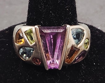 Vintage Sterling Silver Ring | Multicolor Gemstone Inlay | Size 8 | Marked 925 | Real Gemstones