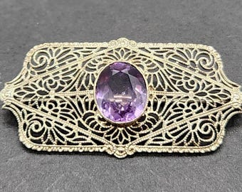 Vintage 10K White Gold Amethyst Brooch | Art Nouveau Scrollwork Pin | Antique Style Jewelry Gift
