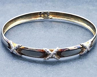 Triple X Sterling Silver Bangle Bracelet | Hinged with Diamond | 2.5" Diameter | Stylish Gold Accents