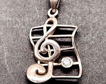 Sterling Silver Treble Clef Pendant | CZ Stone Music Note Necklace | 925 QGTH Designer Jewelry Gift