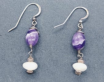 Vintage 925 Sterling Silver Amethyst Quartz Dangle Earrings | Purple Gemstone Jewelry