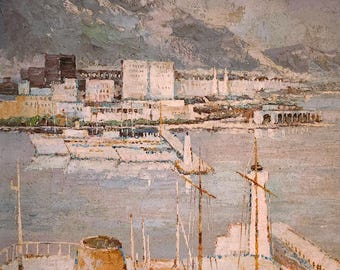 Original Oil Painting Ships Seaside Harbour | Canvas Art by J. Dumas | 20in x 24in | Textured Palette Knife Work