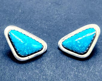 Native American Sterling Silver Earrings | Triangular Turquoise Post Earrings | Designer VO Signed Jewelry | 1 Inch Blue Turquoise Studs