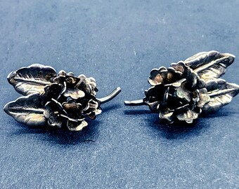 1930s Art Deco Sterling Silver Flower Leaf Clip-On Earrings | Eugene Morehouse Mechanism (1.25 Inch)