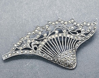 Sterling Silver Marcasite Brooch | Art Nouveau Fan Pin | 3 Inch Vintage Style Jewelry