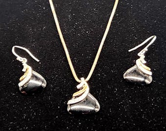 Sterling Silver Earrings | Black Onyx CZ with Gold Vermeil Accents | 3/4" Dangle with Matching Pendant Necklace