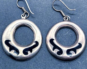 Vintage 1970s Taxco Sterling Silver Onyx Hoop Earrings | Mexican Craftsmanship (1.25 Inch)